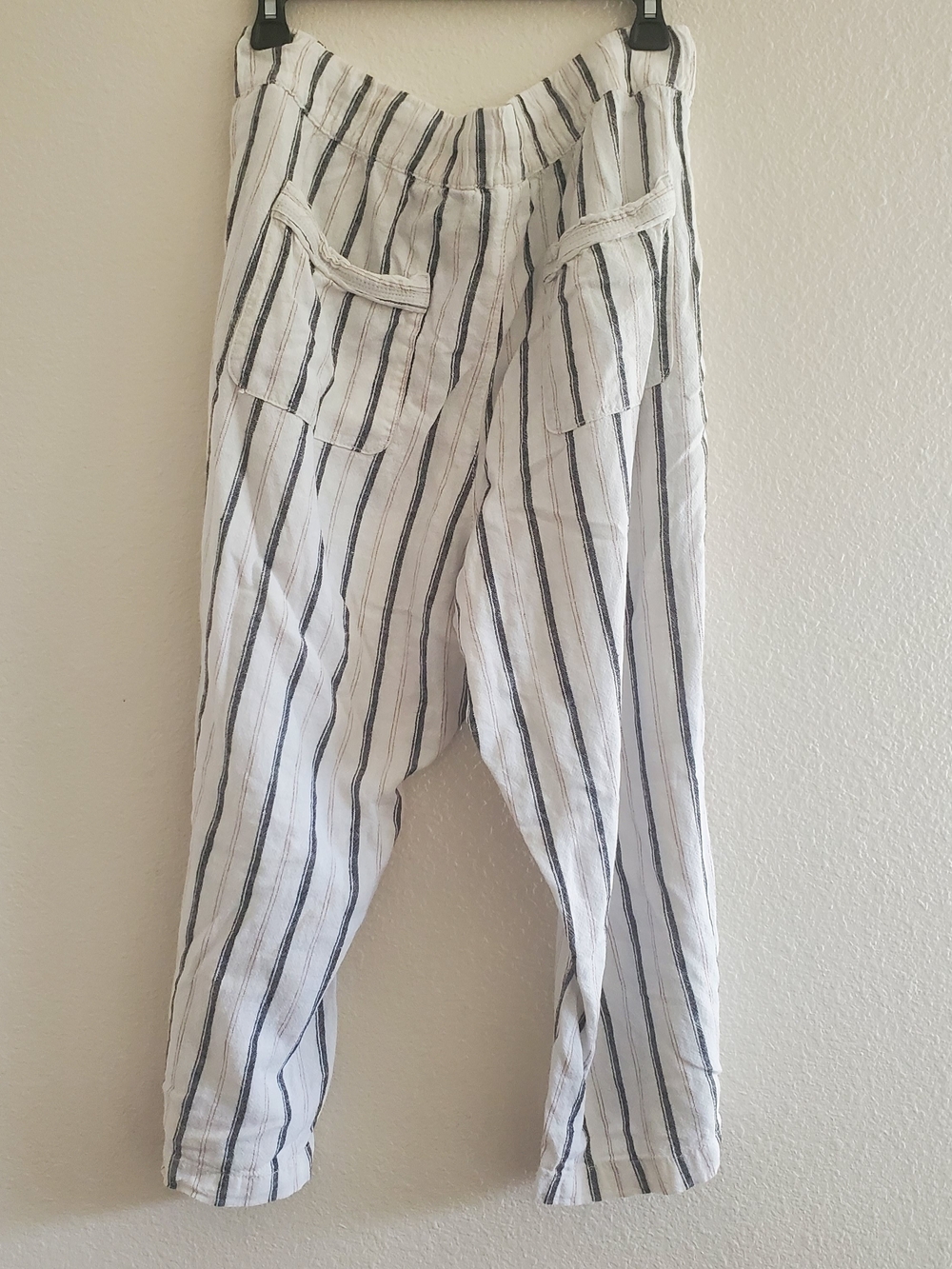 Women's White/Cream Linen-Blend Striped Drawstring Pants Size 1XP - Picture 2 of 6